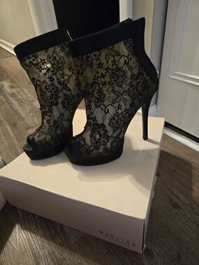 Madison Black Lace Peep-Toe Stiletto Booties